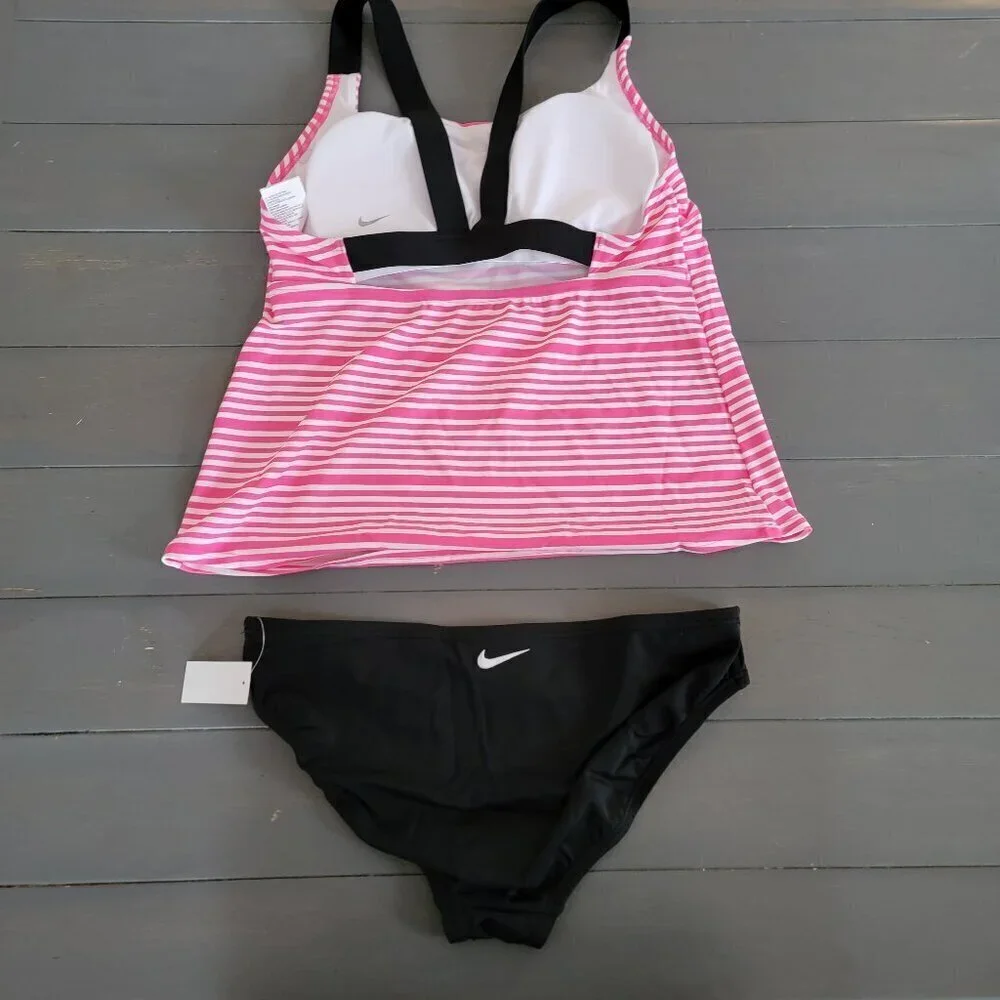 NWT Nike Women's Pinksicle Stripe V-Back 2 Piece Tankini Swimsuit Size Medium